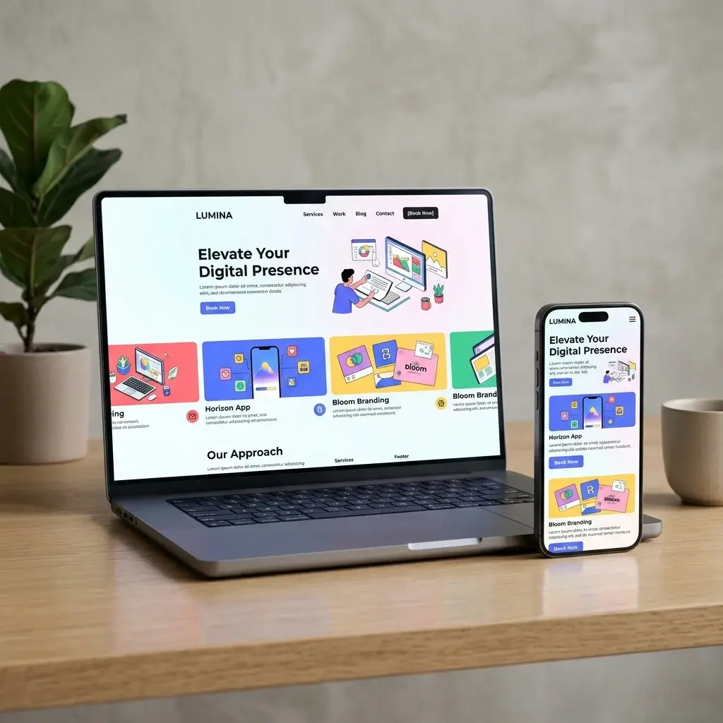 Responsive web design showcase with laptop and smartphone